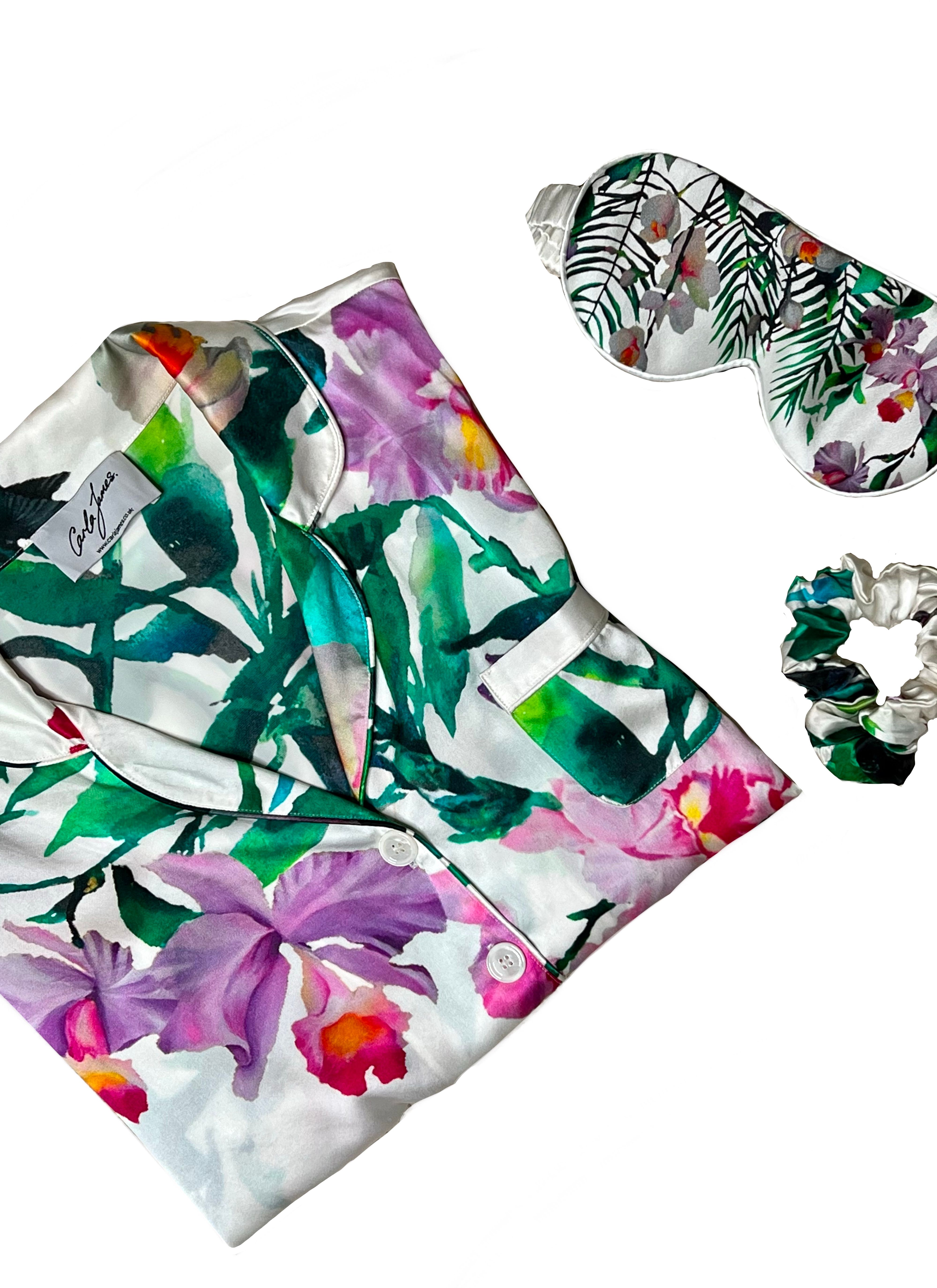 Silk Pyjamas in Hummingbirds and Orchids print